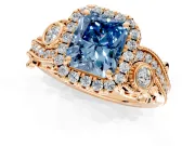 Milgrain Halo Engagement Ring Setting for Fancy Blue Radiant Cut Center with Shoulder Bezels and Prong Head in Rose Gold