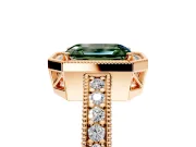 Milgrain Halo Engagement Ring Setting for Fancy Green Emerald Cut Center with Wide Pave Band and Prong Head in Rose Gold