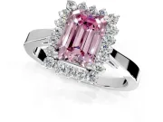 Starburst Halo Engagement Ring Setting for Fancy Pink Emerald Cut Center with Flat Cathedral Band and Prong Head in White Gold