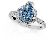 Halo Engagement Ring Setting for Fancy Blue Pear-Shaped Center with Openwork Halo, Pave Band and Prong Head in Platinum