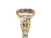 3 Stone Engagement Ring Setting for Fancy Pink Emerald Cut Center with Crossover Basket, Pave Band and Prong Head in Yellow Gold