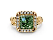 Halo Engagement Ring Setting for Fancy Green Princess Cut Center with Open Scroll Shoulders and Prong Head in Yellow Gold