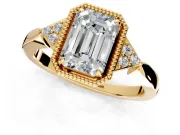 Cluster Engagement Ring Setting for Emerald Cut Center with Milgrain Shoulder Clusters and Prong Head in Yellow Gold