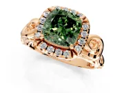 Halo Engagement Ring Setting for Fancy Green Cushion Cut Center with Open Scroll Shoulders and Prong Head in Rose Gold