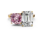 Fancy Pink Cushion Cut and Emerald Cut Lab-Grown Diamond Toi et Moi Engagement Ring with Prong-Set Stones in Yellow Gold