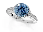 Floral Engagement Ring Setting for Fancy Blue Round Cut Center with Four Accent Clusters and Prong Head in Sterling Silver