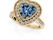 Halo Engagement Ring Setting for Fancy Blue Heart-Shaped Center with Milgrain Frame, Pave Band and Prong Head in Yellow Gold