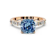 Baguette Engagement Ring Setting for Fancy Blue Cushion Cut Center with Alternating Bar-Set Band and Prong Head in Rose Gold