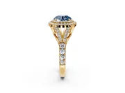 Double Halo Engagement Ring Setting for Fancy Blue Round Cut Center with Narrow Pave Split Shank and Prong Head in Yellow Gold