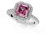 Halo Engagement Ring Setting for Fancy Pink Asscher Cut Center with Inner Milgrain Border and Prong Head in White Gold