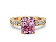 Solitaire Engagement Ring Setting for Fancy Pink Radiant Cut Center with Milgrain-Edged Pave Band and Prong Head in Yellow Gold