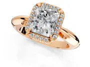 Halo Engagement Ring Setting for Radiant Cut Center with Tapered Plain Band and Prong Head in Rose Gold