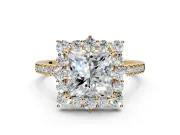 Halo Engagement Ring Setting for Princess Cut Center with Single-Row Pave, Open Basket and Prong Head in Yellow Gold
