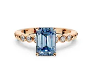 Solitaire Engagement Ring Setting for Fancy Blue Emerald Cut Center with Bezel-Dot Beaded Band and Prong Head in Rose Gold