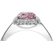 Halo Engagement Ring Setting for Fancy Pink Cushion Cut Center with Plain Tapered Band and Prong Head in White Gold