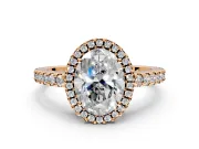 Accent Halo Engagement Ring Setting for Oval Center with Full-Length Pave Band and Prong Head in Rose Gold