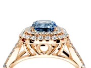 Double Halo Engagement Ring Setting for Fancy Blue Emerald Cut Center with Narrow Pave Split Shank and Prong Head in Rose Gold
