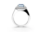 Halo Engagement Ring Setting for Fancy Blue Asscher Cut Center with Plain Tapered Band and Prong Head in Sterling Silver