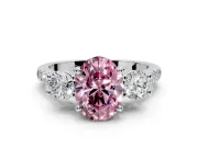 3 Stone Engagement Ring Setting for Fancy Pink Oval Center with Crossover Basket, Pave Band and Prong Head in Sterling Silver