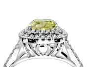 Double Halo Engagement Ring Setting for Fancy Yellow Cushion Cut Center with Narrow Pave Split Shank and Prong Head in Platinum