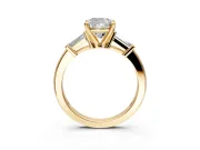 3 Stone Engagement Ring Setting for Cushion Cut Center with Channel Baguette Accents and Prong Head in Yellow Gold