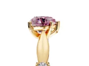 Solitaire Engagement Ring Setting for Fancy Pink Heart-Shaped Center with Carved Leaf Shoulders and Prong Head in Yellow Gold