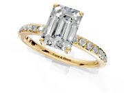 Solitaire Engagement Ring Setting for Emerald Cut Center with Fine Pave Band and Prong Head in Yellow Gold