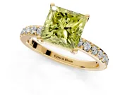 Solitaire Engagement Ring Setting for Fancy Yellow Princess Cut Center with Round Cut Pave Band and Prong Head in Yellow Gold