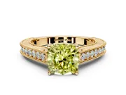 Solitaire Engagement Ring Setting for Fancy Yellow Cushion Cut Center with Engraved Pave Band and Prong Head in Yellow Gold
