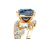 Solitaire Engagement Ring Setting for Fancy Blue Asscher Cut Center with Pave Bypass Twist Band and Prong Head in Yellow Gold