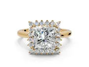 Starburst Halo Engagement Ring Setting for Princess Cut Center with Thin Round-Wire Band and Prong Head in Yellow Gold