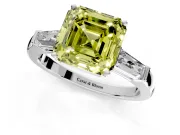 3 Stone Engagement Ring Setting for Fancy Yellow Asscher Cut Center with Tapered Baguettes, Plain Band and Prong Head in White Gold