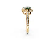 Bezel-Framed Halo Engagement Ring Setting for Fancy Green Heart-Shaped Center with Pave Band and Prong Head in Yellow Gold