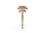 Halo Engagement Ring Setting for Fancy Pink Radiant Cut Center with Metal-Rimmed Halo, Pave Band and Prong Head in Yellow Gold