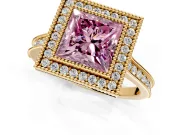 Halo Engagement Ring Setting for Fancy Pink Princess Cut Center with Milgrain Pave Band and Bezel Head in Yellow Gold