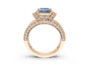 Pave Engagement Ring Setting for Fancy Blue Princess Cut Center with Curved Accent Rows, Openwork and Prong Head in Rose Gold