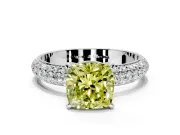 Solitaire Engagement Ring Setting for Fancy Yellow Cushion Cut Center with Domed Multi-Row Pave Band and Prong Head in Platinum