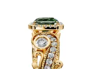 Milgrain Halo Engagement Ring Setting for Fancy Green Asscher Cut Center with Shoulder Bezels and Prong Head in Yellow Gold