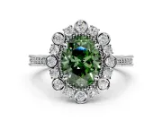 Milgrain Halo Engagement Ring Setting for Fancy Green Oval Center with Bezel Point Accents and Prong Head in Sterling Silver