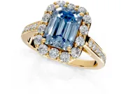 Floral Halo Engagement Ring Setting for Fancy Blue Emerald Cut Center with Large Halo Accents and Prong Head in Yellow Gold