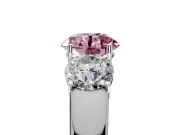 3 Stone Engagement Ring Setting for Fancy Pink Round Cut Center with Raised Basket Heads and Prong Head in Sterling Silver