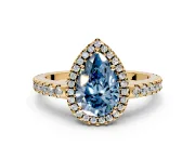 Accent Halo Engagement Ring Setting for Fancy Blue Pear-Shaped Center with Full-Length Pave Band and Prong Head in Yellow Gold