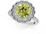 Milgrain Floral Halo Engagement Ring Setting for Fancy Yellow Round Cut Center with Pave Band and Prong Head in White Gold