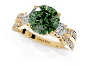 3 Stone Engagement Ring Setting for Fancy Green Round Cut Center with Pave Twist Band and Prong Head in Yellow Gold