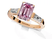 3 Stone Engagement Ring Setting for Fancy Pink Emerald Cut Center with Tapered Baguettes, Plain Band and Prong Head in Rose Gold