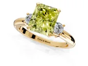 3 Stone Engagement Ring Setting for Fancy Yellow Radiant Cut Center with Wide Plain Band and Prong Head in Yellow Gold