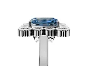 Cluster Halo Engagement Ring Setting for Fancy Blue Emerald Cut Center with Milgrain Bezel Accents and Prong Head in White Gold