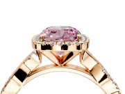 Halo Engagement Ring Setting for Fancy Pink Cushion Cut Center with Pave and Plain Twist Band and Prong Head in Rose Gold