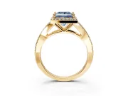 Halo Engagement Ring Setting for Fancy Blue Princess Cut Center with Pave Split Shank and Prong Head in Yellow Gold