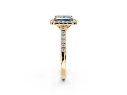 Halo Engagement Ring Setting for Fancy Blue Princess Cut Center with Raised Halo, Pave Band and Prong Head in Yellow Gold